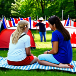 A joyful diverse group of people enjoying an outdoor summer festival in a vibrant city park. People are engaged in friendly conversations, some are having a picnic on a blanket with a barbecue in the background, under a clear blue sky. Festive red and white decorations are visible, with subtle Canadian flags. Subjects are fully clothed in appropriate, modest casual attire suitable for warm weather. The atmosphere is full of community spirit and togetherness. Perfect anatomy, correct proportions, natural poses, well-formed hands, proper finger count, natural body proportions. High-quality professional photography, safe for work, appropriate content, fully clothed, family-friendly, professional.