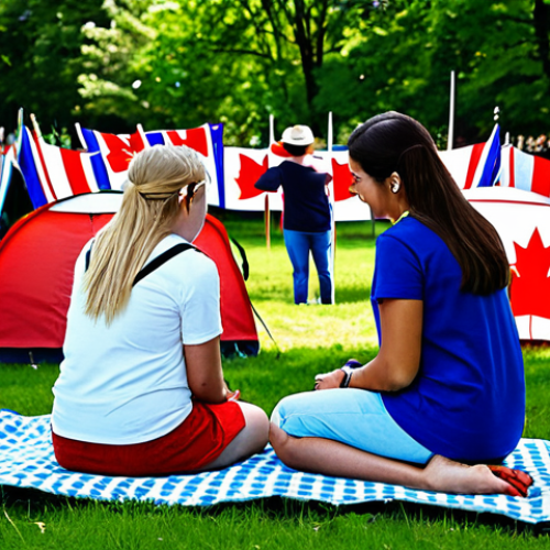 Home 4 A joyful diverse group of people enjoying an outdoor summer festival in a vibrant city park. People are engaged in friendly conversations, some are having a picnic on a blanket with a barbecue in the background, under a clear blue sky. Festive red and white decorations are visible, with subtle Canadian flags. Subjects are fully clothed in appropriate, modest casual attire suitable for warm weather. The atmosphere is full of community spirit and togetherness. Perfect anatomy, correct proportions, natural poses, well-formed hands, proper finger count, natural body proportions. High-quality professional photography, safe for work, appropriate content, fully clothed, family-friendly, professional.