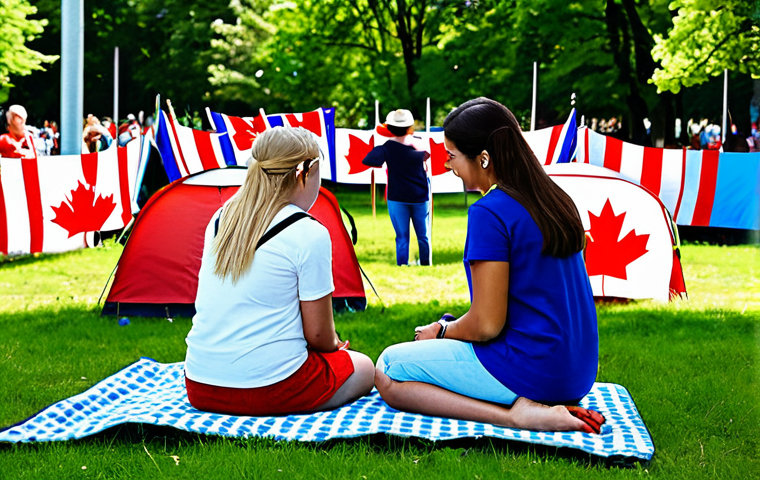 A joyful diverse group of people enjoying an outdoor summer festival in a vibrant city park. People are engaged in friendly conversations, some are having a picnic on a blanket with a barbecue in the background, under a clear blue sky. Festive red and white decorations are visible, with subtle Canadian flags. Subjects are fully clothed in appropriate, modest casual attire suitable for warm weather. The atmosphere is full of community spirit and togetherness. Perfect anatomy, correct proportions, natural poses, well-formed hands, proper finger count, natural body proportions. High-quality professional photography, safe for work, appropriate content, fully clothed, family-friendly, professional.